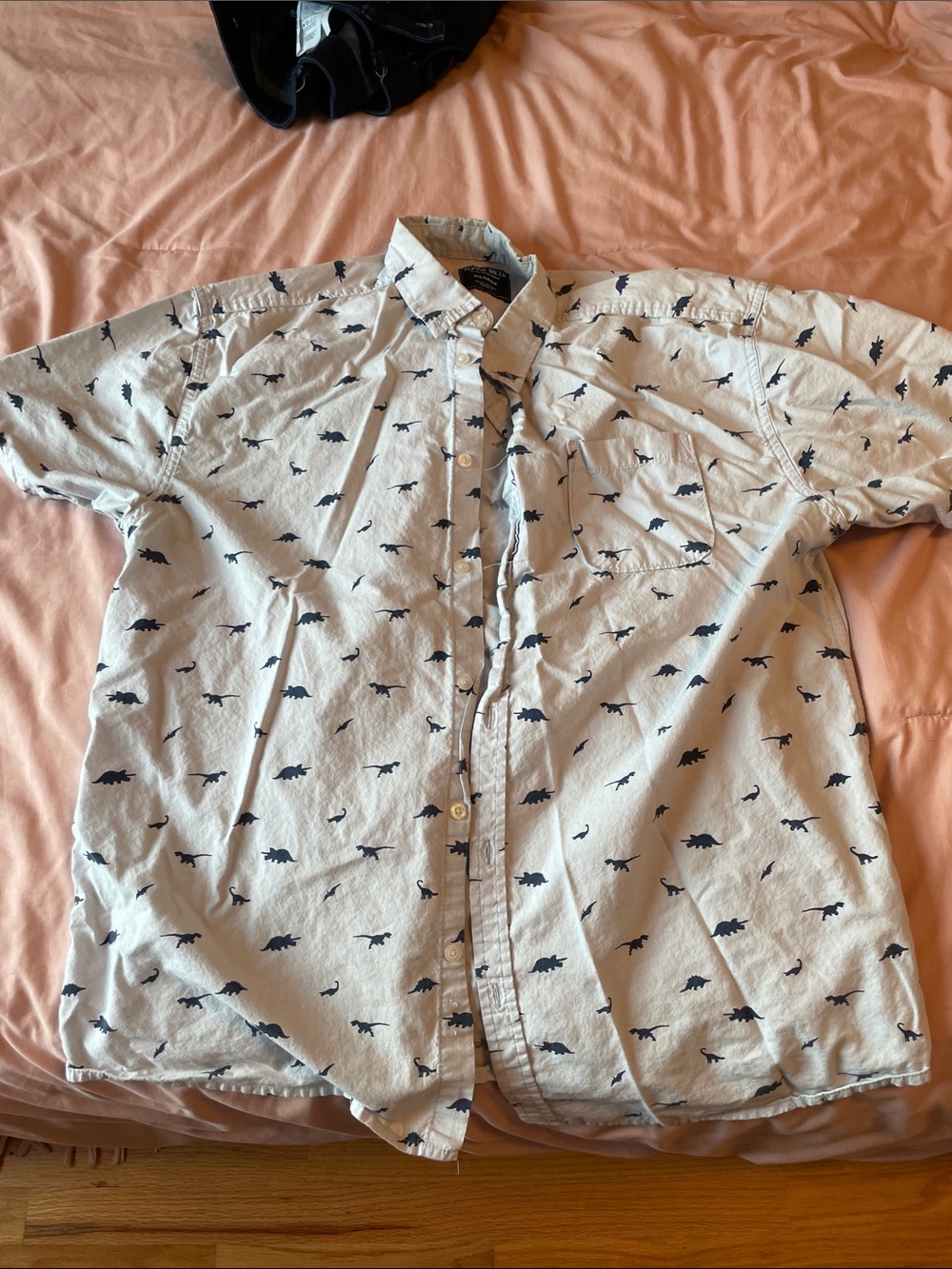 Men's Light Blue Short-Sleeve Button-Down Shirt with Navy Dino Print